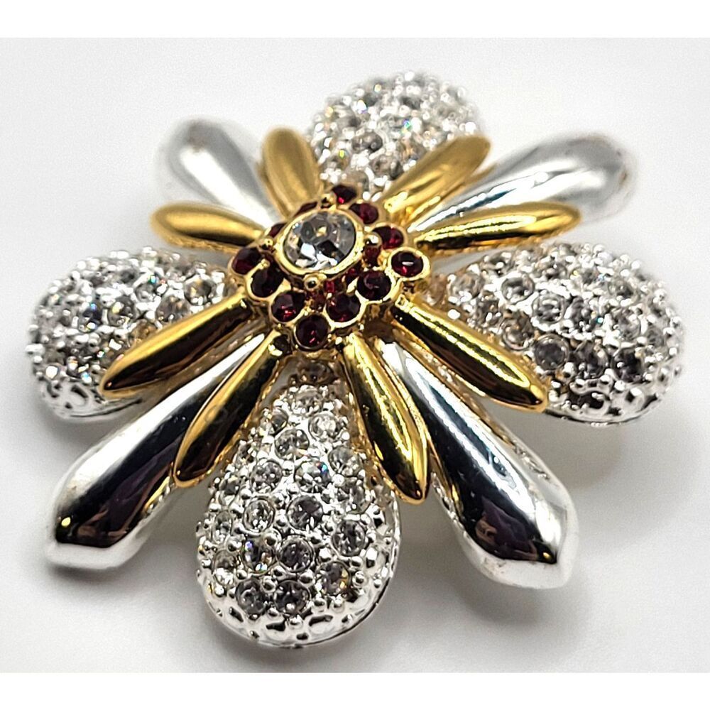 Joan Rivers Silver & Gold Maltese Cross Brooch Rhinestone Encrusted 1.5in
